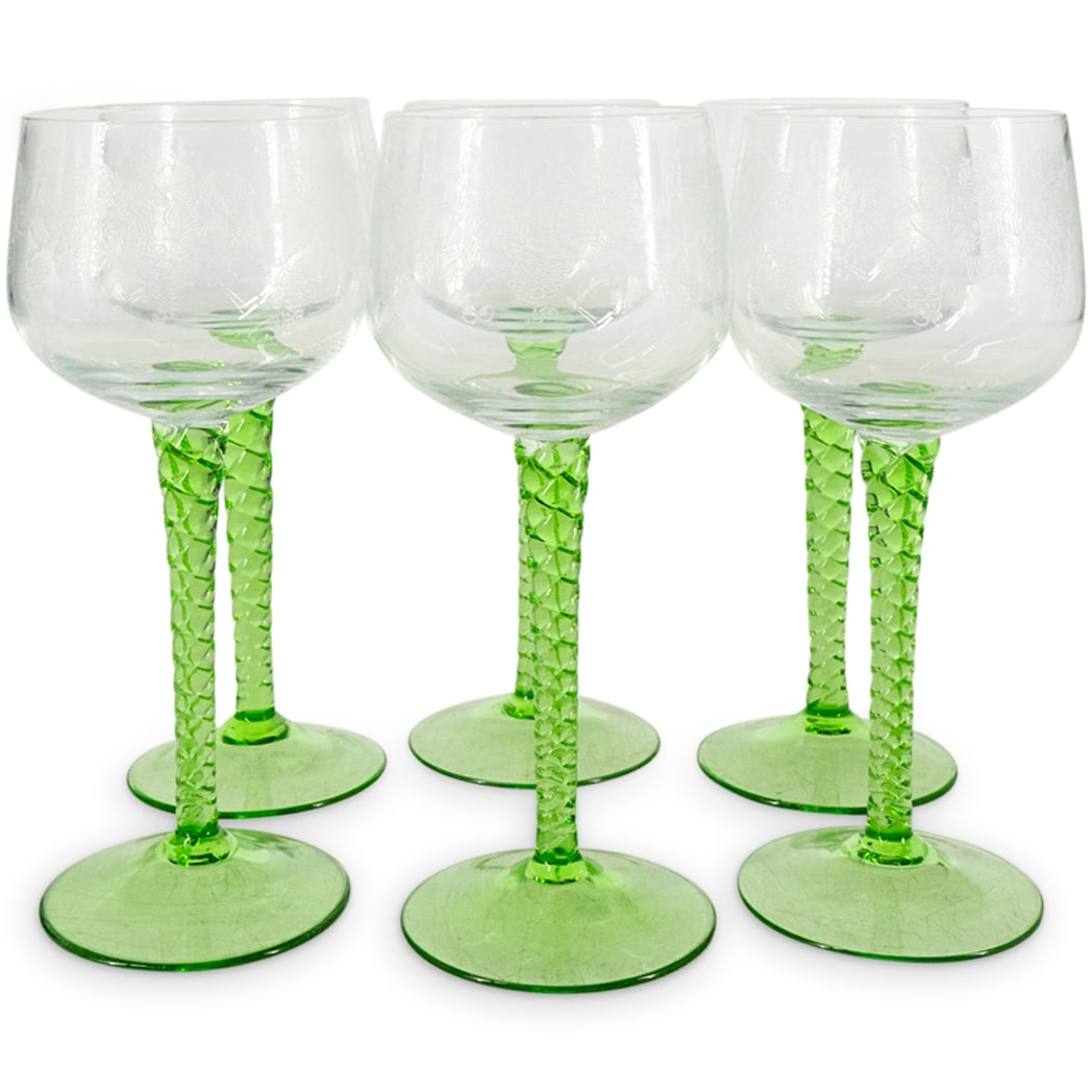 Venetian Etched Crystal Wine Glasses: DESCRIPTION: A set of Venetian etched crystal wine glasses with twisted green stems and grapevine cluster motifs. CIRCA: 20th Century ORIGIN: Italy DIMENSIONS: H: 6.75" x D: 3" - CONDITION: Great cond