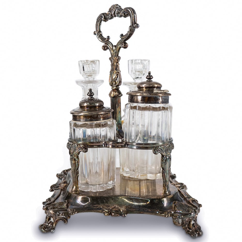 Antique Silverplate & Glass Condiment Caddy (1 of 8)