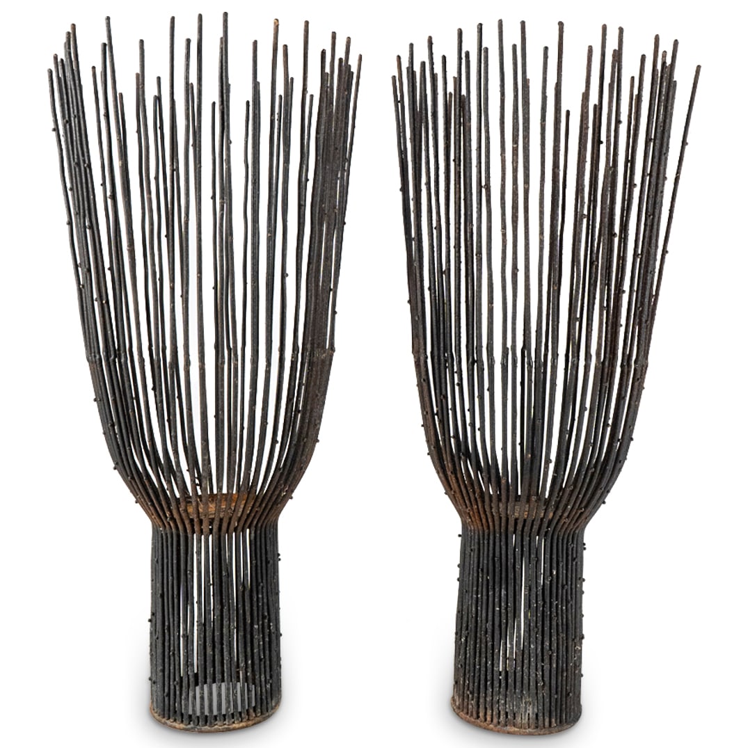 Pair of Brutalist Votive Candle Holders: DESCRIPTION: A pair of brutalist votive candle holders composed of welded iron. CIRCA: 20th Century ORIGIN: Contintan DIMENSIONS: H: 19" x D: 10" - CONDITION: Great condition. See lot description for 