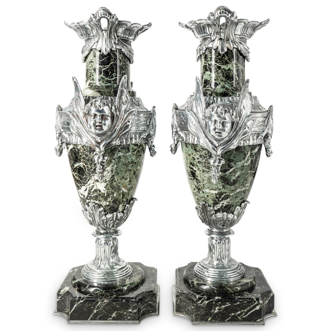 Pair Art Deco Nickel Plated Marble Urn Vases (1 of 6)