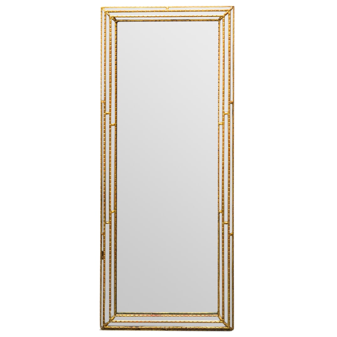 Italian Gilt Wood Mirror: DESCRIPTION: Italian gilt wood mirror featuring mirrored border panels. CIRCA: Mid 20th Century ORIGIN: Italian DIMENSIONS: H: 59" W: 23.75" - CONDITION: Minor scratches to some border panels in spots