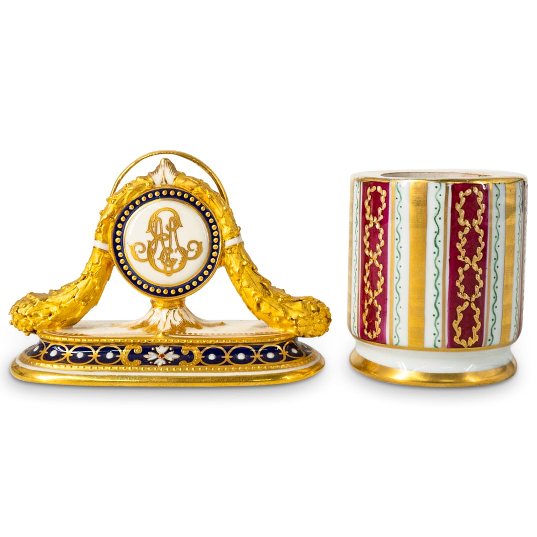 Minton T. Goode & Le Tallec Paris Porcelain Desk Articles: DESCRIPTION: Minton T. Goode & Co. and La Tellec Paris porcelain desk articles. Includes: (1Pc) Minton T. Goode & Co. K Letter Holder. (H: 3.25" x D: 4.5") Makers mark at underside. (1Pc) Le Tallec Pa