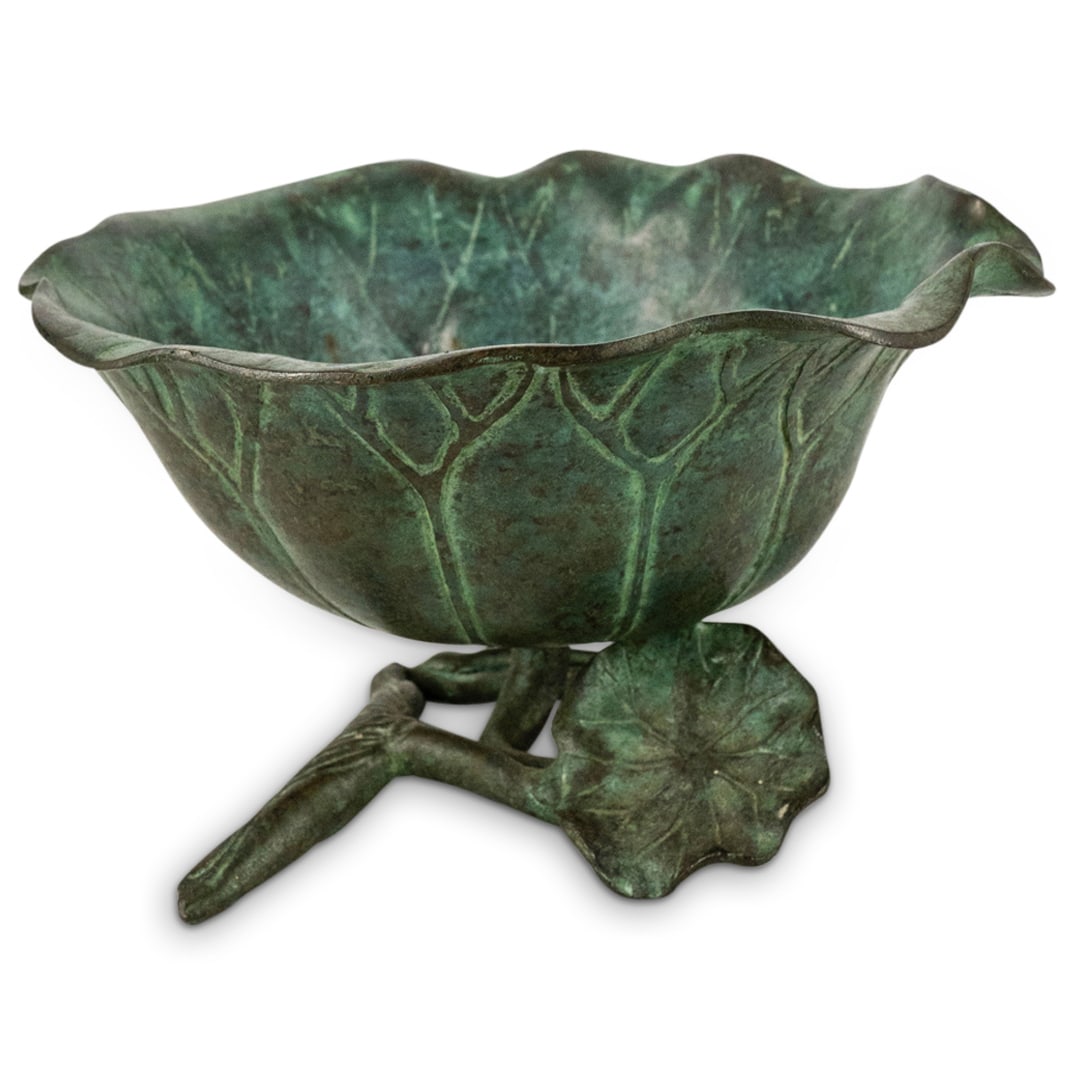 Japanese Meiji Bronze Leaf Pod Bronze Bowl: DESCRIPTION: A Japanese Meiji bronze bowl in the form of a pond leaf supported by a spiraling vine leaf. Completed with a green patina. CIRCA: Early - Mid 20th Century ORIGIN: Japan DIMENSIONS: H: 4.2