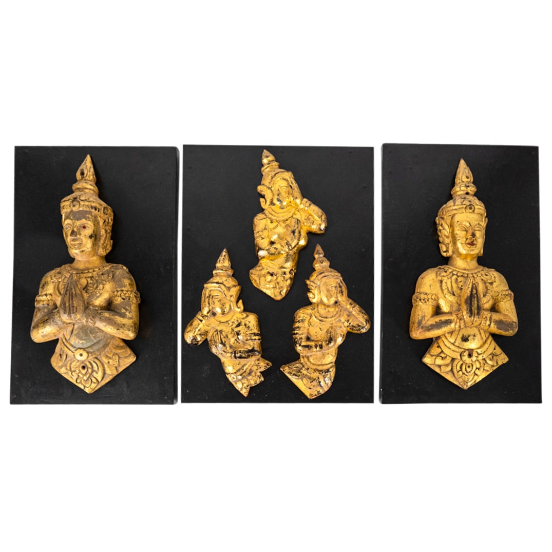 (3 Pc) Southeast Asian Gilt Wooden Buddhist Mounted Wall Ornaments (1 of 5)