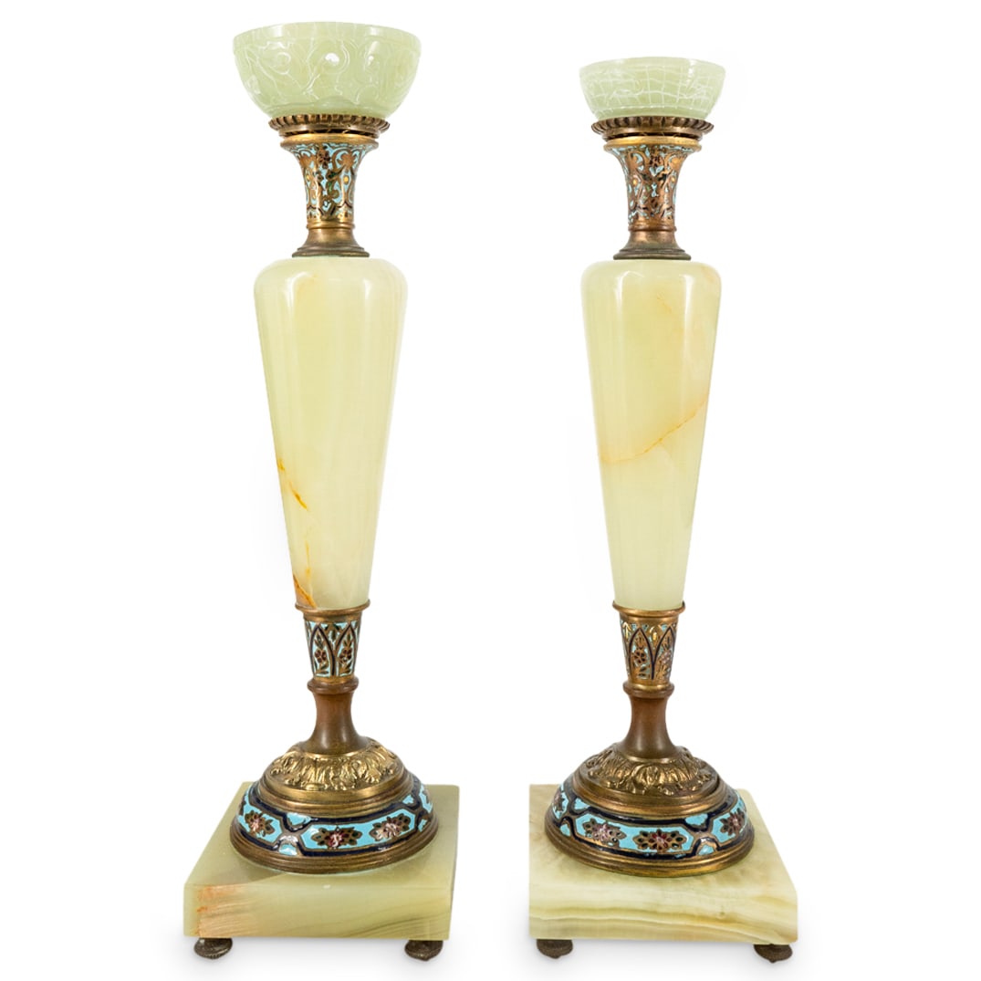 (2 Pc) French Onyx & Champleve Enamel Candle Holders (1 of 4)