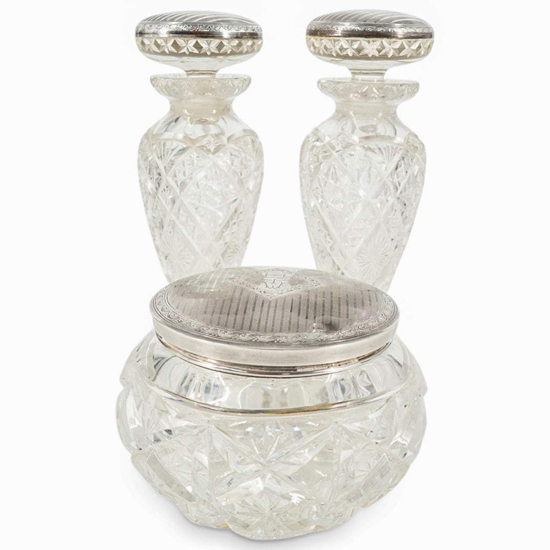 (3 Pc) Antique Sterling SIlver & Glass "Le Palais Royal" Vanity Set (1 of 5)