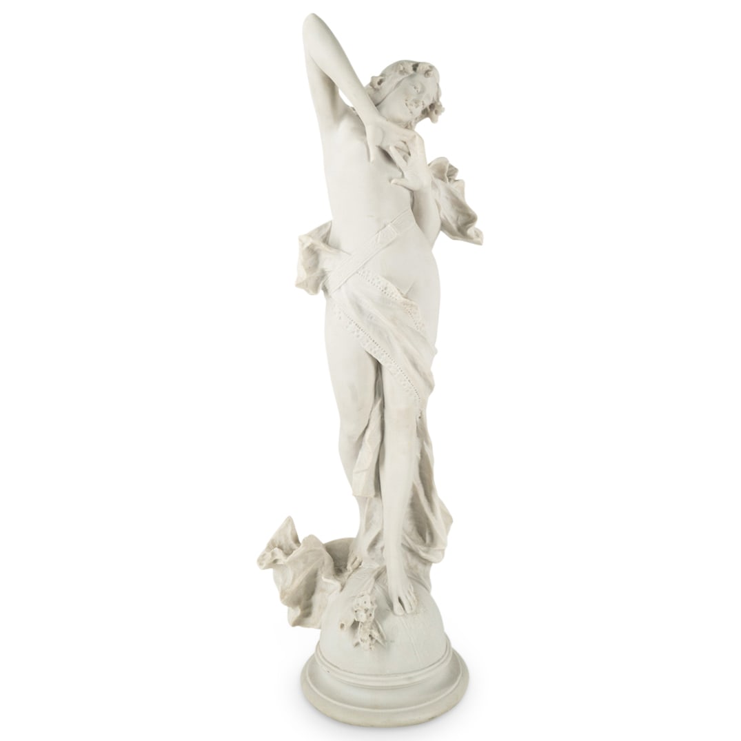 Composite Nude Sculpture: DESCRIPTION: Composite sculpture depicting a nude woman atop a celestial globe. CIRCA: 20th Century DIMENSIONS: H: 28.75" W: 7.5" L: 9.5" - CONDITION: Hairline crack to base. Mild scratches and mild a