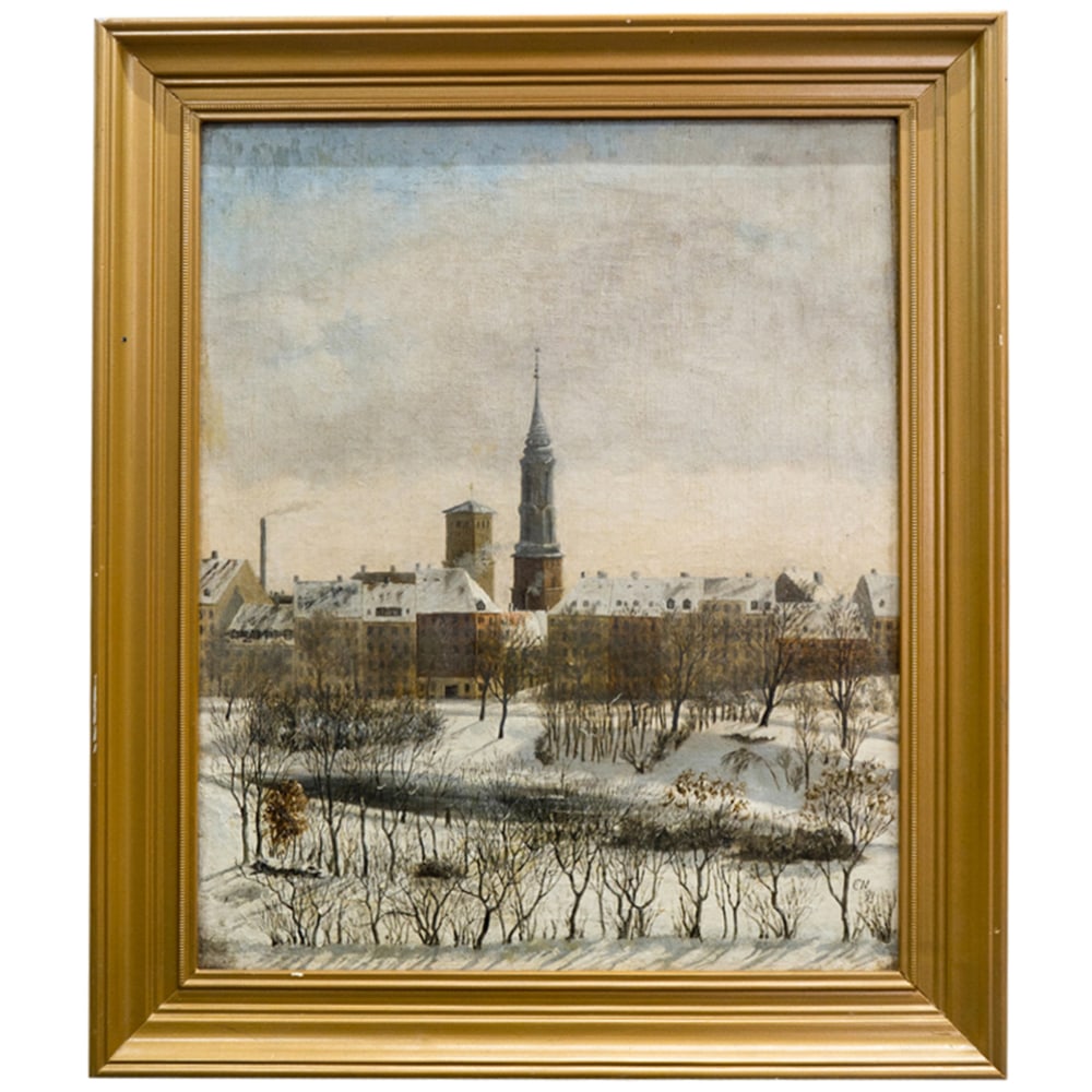 Signed CN Snowy Landscape Oil On Canvas: DESCRIPTION: Oil on canvas painting depicting an impressionist snowy landscape on the outskirts of an industrial city. Initialed at lower right "CN" and dated "'93". Mounted in a gilt wooden frame. CI