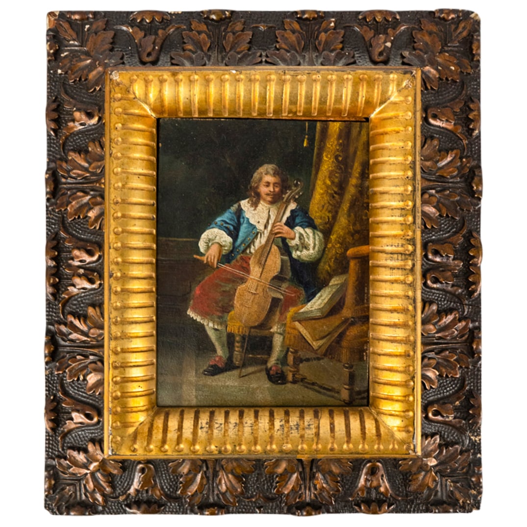 Antique Flemish School Gambist Oil On Board (1 of 4)