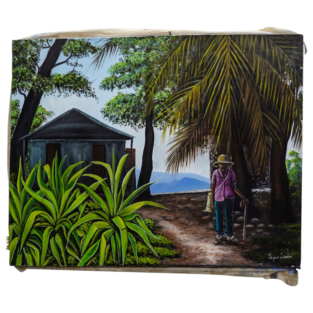 Leopold Lindor (Haitian, 20th Cent.) Oil On Canvas Painting: DESCRIPTION: Leopold Lindor (Haitian, 20th Cent.) oil on canvas painting depicting a landscape scene with a native man figure by a house. Signed Leopold Lindor on the bottom right corner. CIRCA: 20th 