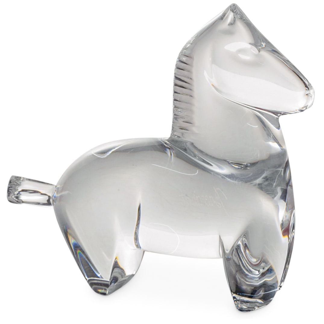 Baccarat Crystal "Horse" Figurine: DESCRIPTION: Baccarat crystal sculpture depicting a "Horse". Marked with Baccarat etched hallmark. Includes original baccarat box. CIRCA: 20th Century ORIGIN: France DIMENSIONS: H: 3 1/4" CONDITION: G