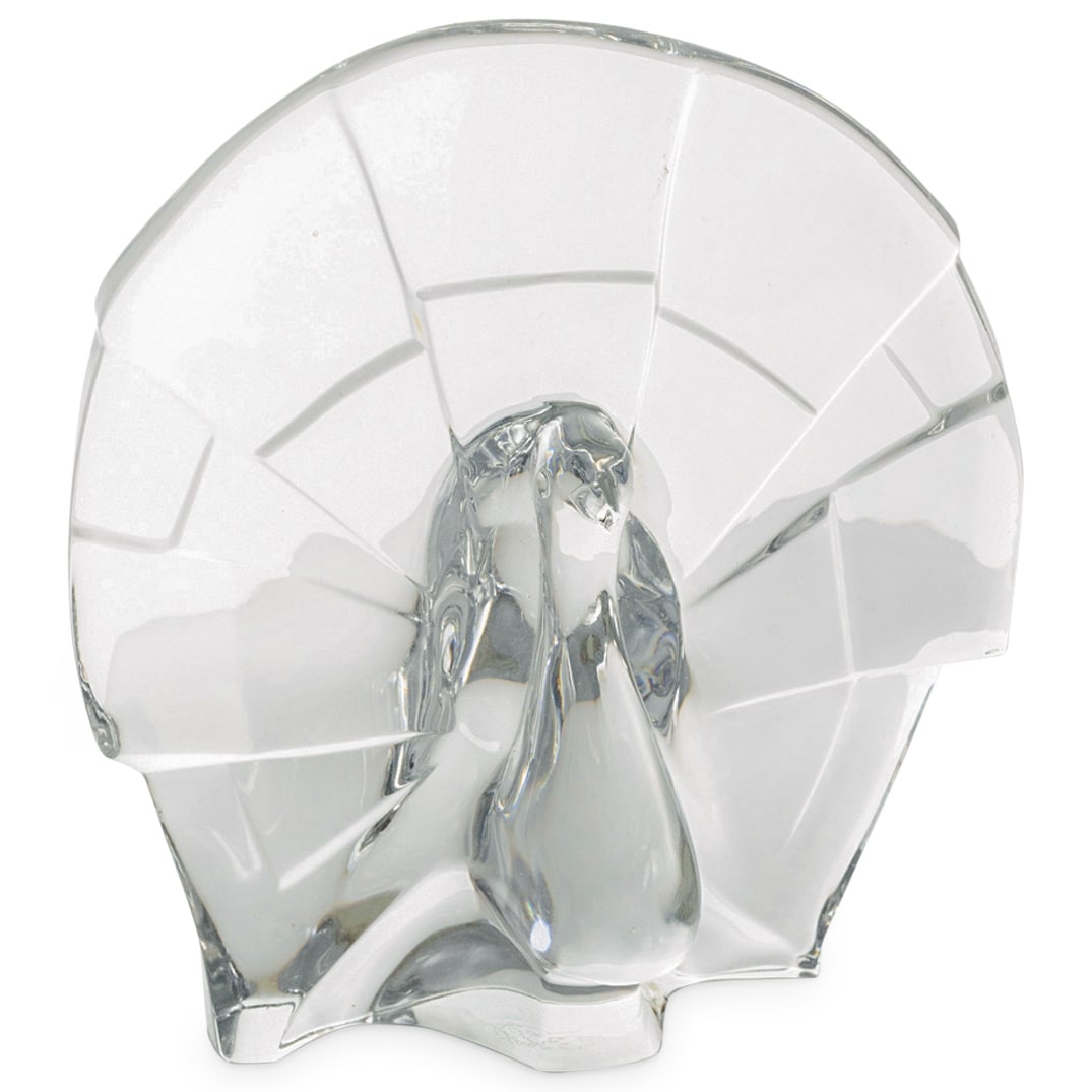 Baccarat Crystal "Peacock" Figurine: DESCRIPTION: Baccarat crystal sculpture figurine depicting a "Peacock". Marked with Baccarat stamp hallmark on the underside. CIRCA: 20th Century ORIGIN: France DIMENSIONS: H: 4 3/4" W: 4 3/8" CONDITI