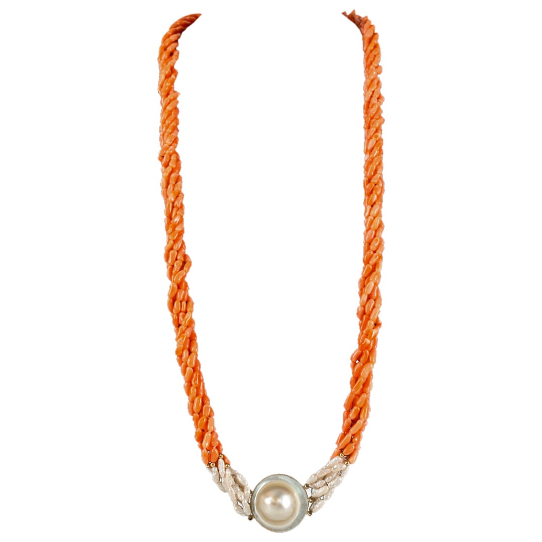 Pearl / Coral & 14K Gold Beaded Necklace (1 of 4)