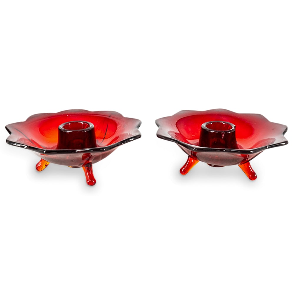 Pair of Depression Ruby Red Glass Candle Holders (1 of 4)
