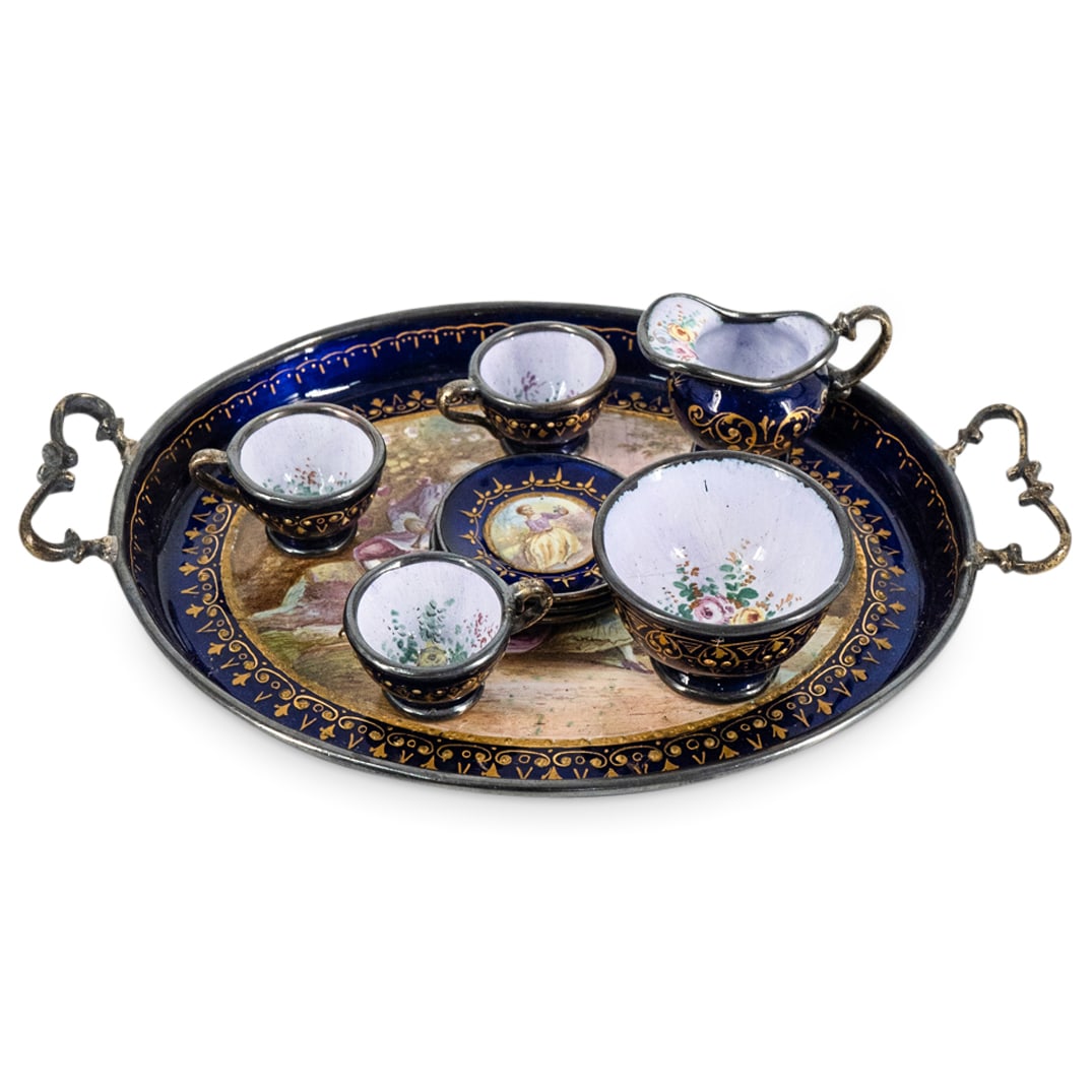 (9 Pc) Antique Viennese Miniature Enamel & Silver Cabaret Set (1 of 3)