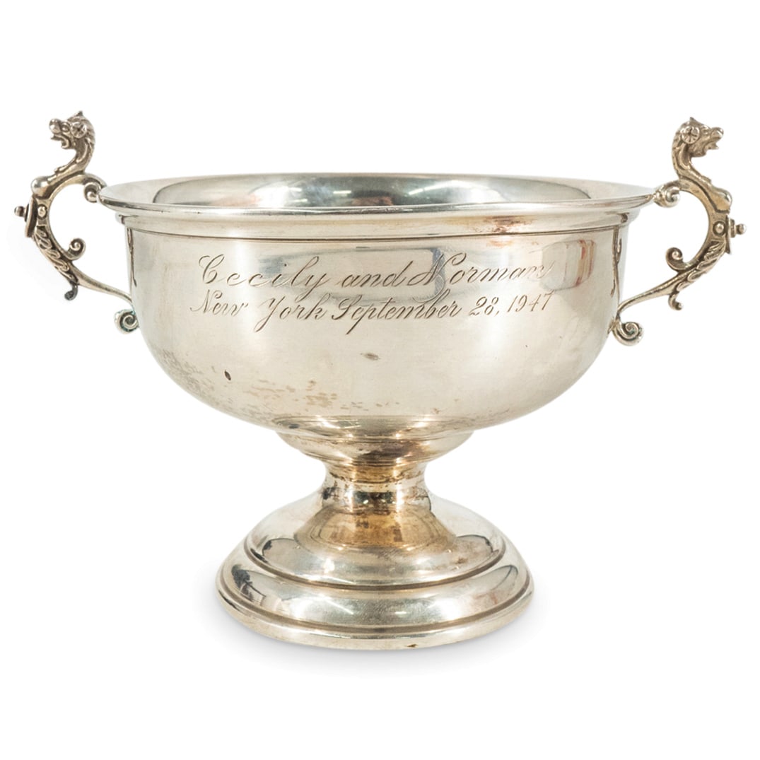 Antique Reed & Barton Sterling Silver Pedestal Bowl: DESCRIPTION: An antique Reed & Barton sterling silver pedestal bowl with double lion handles, and footed tapered base. Hallmarked: "Sterling, X18" with Reed & Barton mark. CIRCA: 20th Cent. ORIGIN: US