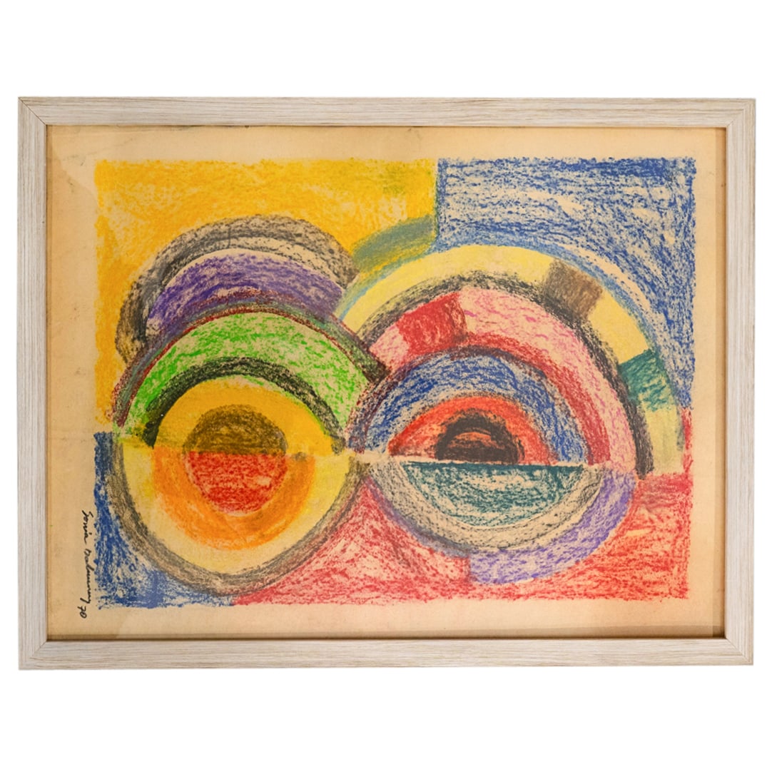 Sonia Delaunay (Ukraine, 1885â€“1979) Crayon On Paper: DESCRIPTION: Crayon on paper by Sonia Delaunay depicting abstract shapes and forms in various colors. Signed and dated "'70" at lower right. Mounted in a wooden frame. CIRCA: 1970 ORIGIN: Ukraine DIME