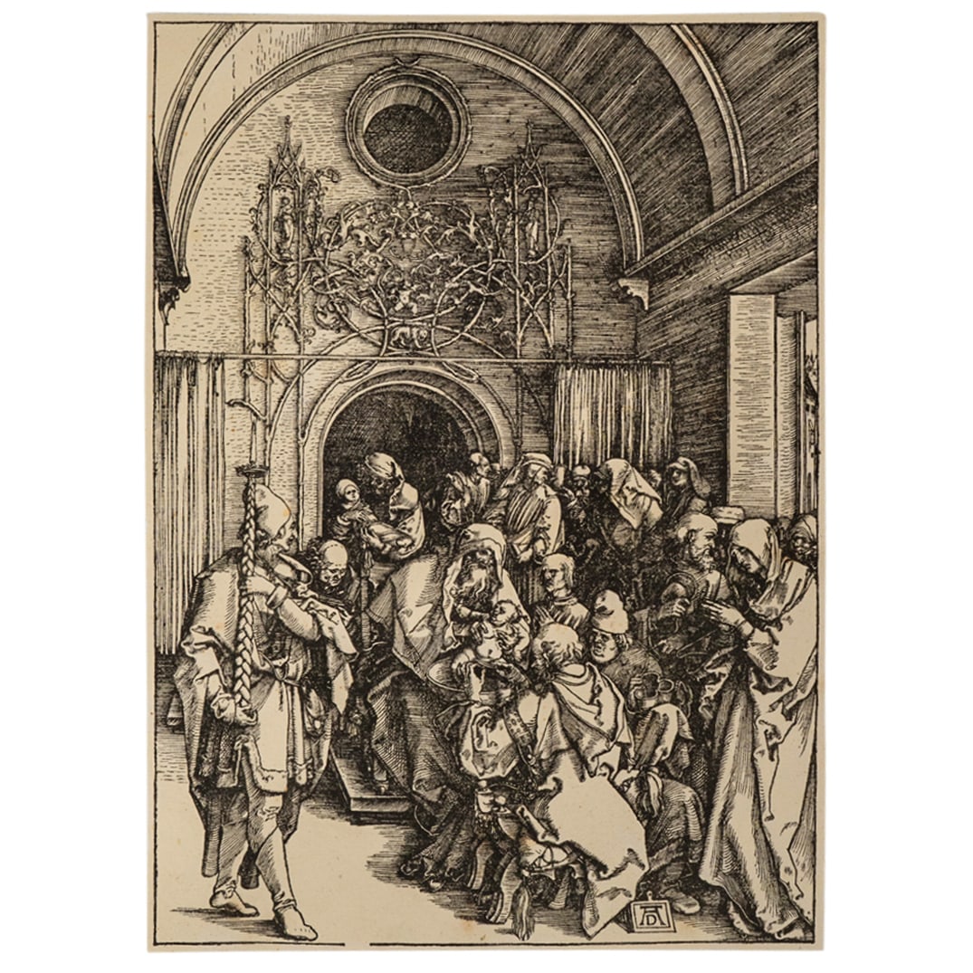 Albrecht Durer (German, 1471-1528) "The Circumcision Of Christ" Woodcut: DESCRIPTION: Antique woodcut by Albrecht Durer (German, 1471 - 1528) entitled "The Circumcision of Christ", from "The Life of the Virgin". On lined paper. CIRCA: 1505 ORIGIN: German DIMENSIONS: H: 12"