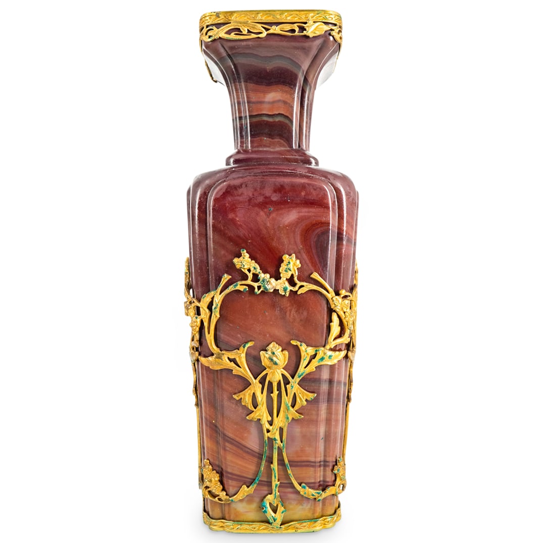 Art Nouveau Lucien Marcel Bing (1875-1920) Sevres Vase: DESCRIPTION: Art Nouveau Sevres glass vase featuring granite striation patterns and a collar and frame designed and crafte by Lucien Marcel Bing depicting floral and foliage wreaths. CIRCA: Late 19th