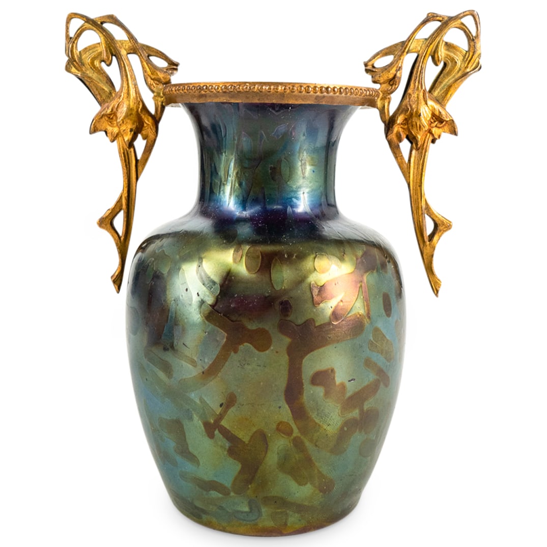 Art Nouveau Bronze Handled Iridescent Glass Vase (1 of 4)