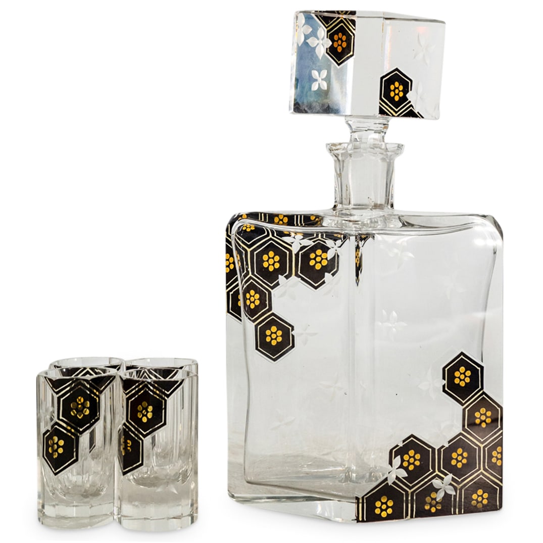 (5 Pc) Art Deco Black / Gold Enamel Glass Decanter Set (1 of 5)