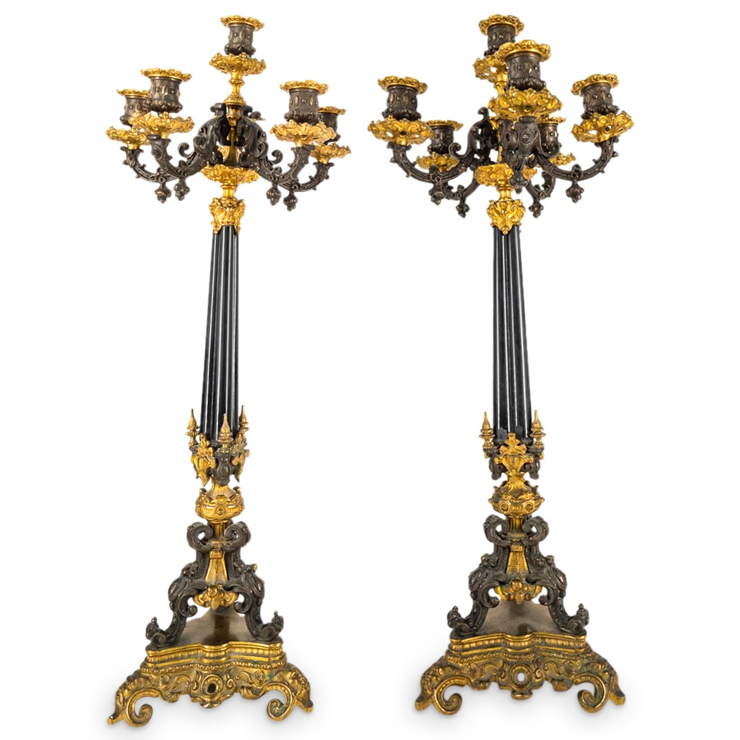 Pair Napoleon III Style Dore Bronze & Stone Candelabras (1 of 5)