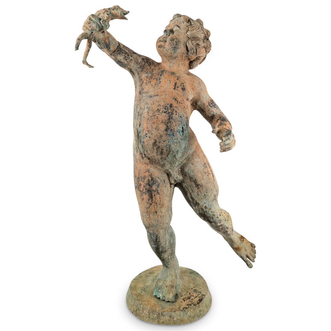 Antique Sculptural Garden Fountain Statue: DESCRIPTION: Signed large bronze sculptural garden fountain depicting a "Nude Boy With Frog". Depicts a boy holding a frog. With interior water fountain system that allows the water to come out throug
