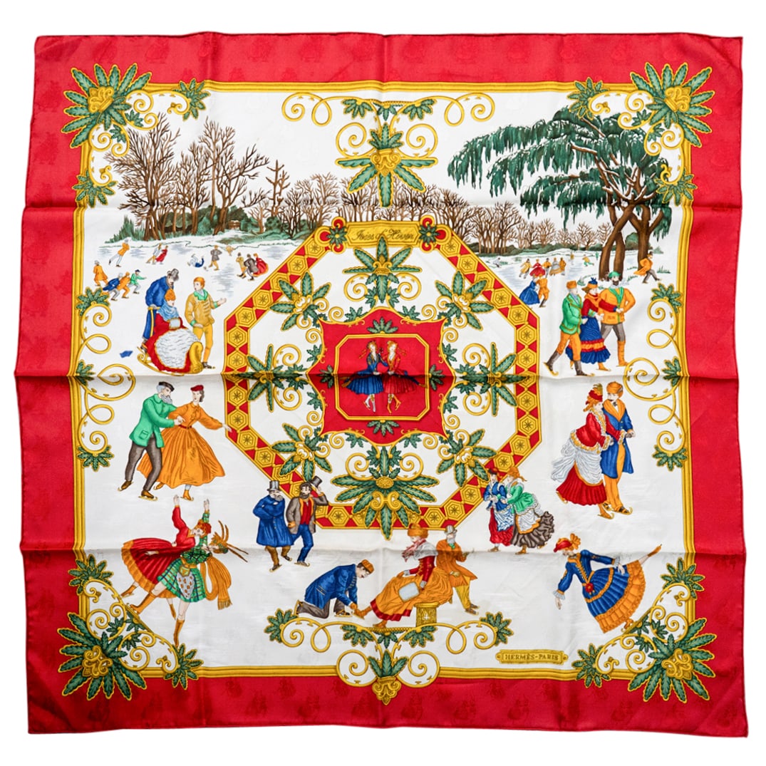 Hermes "Joies D'Hiver" Silk Scarf: DESCRIPTION: Hermes "Joies d'Hiver" silk scarf featuring snowflake, foliage and ice skating motifs. CIRCA: Late 20th - Early 21st Century ORIGIN: French DIMENSIONS: H: 34.25" W: 34.5" CONDITION: A few