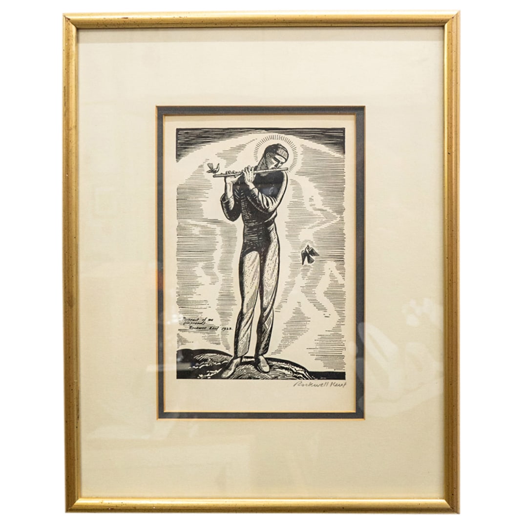 Rockwell Kent (American, 1882-1971) "Portrait Of Me (Improved)" Woodcut: DESCRIPTION: Woodcut by Rockwell Kent (American, 1882 - 1971) entitled "Portrait of Me (Improved)". Pencil signed at lower right. CIRCA: 1923 ORIGIN: American DIMENSIONS: (Image) H: 8.25" W: 5.75" (Fr