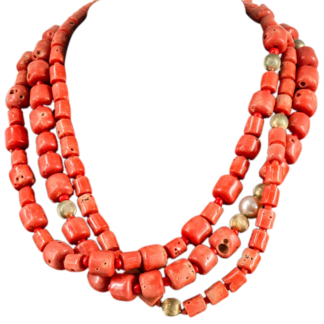 3-Strand Red Coral Necklace  W/ Matching Dangle Earrings (1 of 3)
