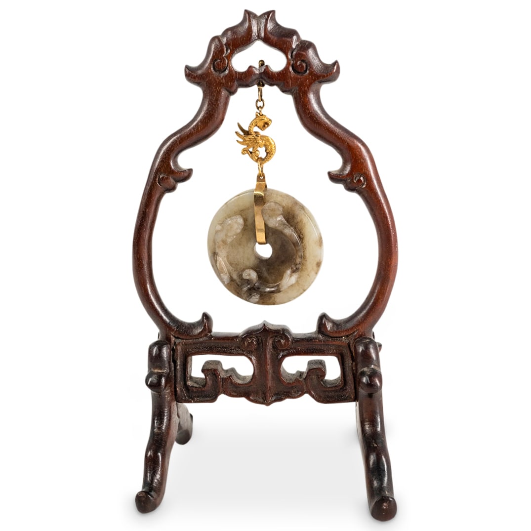 Chinese Carved Jade Bi Disc W/ 14K Gold Dragon Chain (1 of 4)