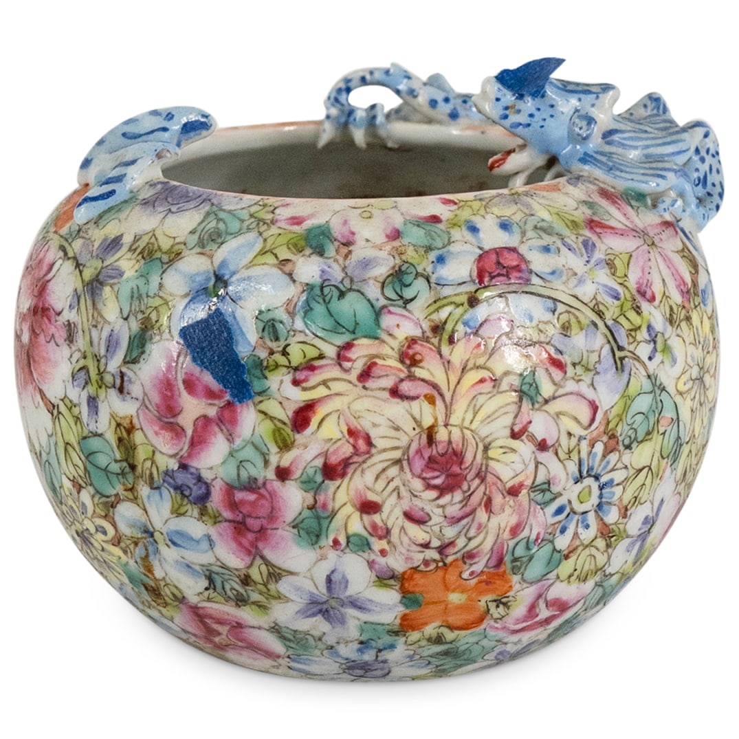 Antique Chinese Millefleur Chilong & Bat Porcelain Brush Pot: DESCRIPTION: Antique Chinese polychrome porcelain brushpot featuring chilong, bat and millefleur floral decoration. Seal script mark on underside. CIRCA: 19th Century ORIGIN: China DIMENSIONS: H: 3.75