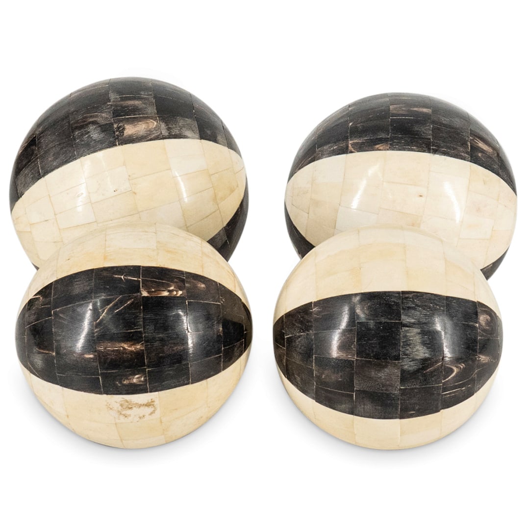 (4 Pc) Maitland Smith style Horn And Bone Balls: DESCRIPTION: Four tesselated spheres style of Maitland-Smith and composed of horn and bone. Each resembles a black and white beach ball with alternating bands of black and white. CIRCA: 20th Century O