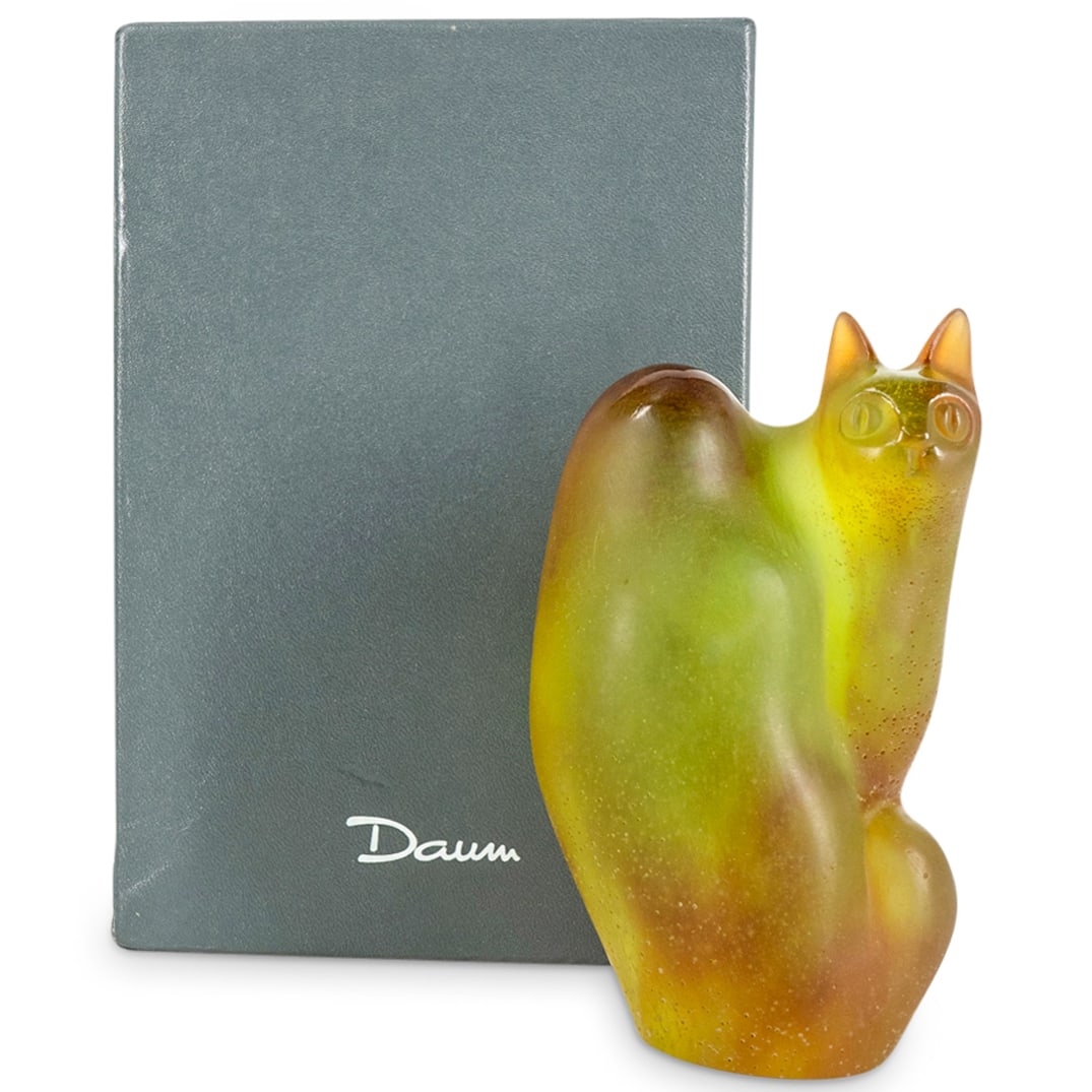 Claude Lhoste For Daum "Chat Perche" Limited Pate De Verre Sculpture: DESCRIPTION: Limited edition polychrome pate de verre sculpture by Claude Lhoste for Daum entitled "Chat Perche" depicting a cat. On underside: "Lhoste / Daum France / 277/500". Includes original Daum