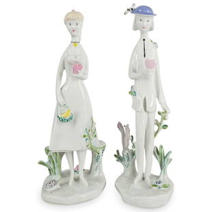 (2 Pc) Rosenthal "Lovers" Porcelain Sculptures: DESCRIPTION: Two "Lovers" polychrome porcelain figural sculpture designed by Raymond Peynet for Rosenthal, one depicting a man holding a heart and with a squirrel below, the other depicting a woman ho