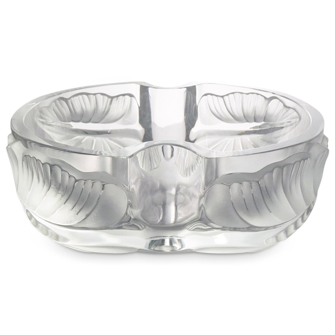Lalique "Arums" Crystal Bowl: DESCRIPTION: Lalique "Arums" crystal bowl featuring foliage motif. "Lalique France" on underside. CIRCA: Late 20th Century ORIGIN: French DIMENSIONS: H: 3.75" W: 8" L: 9.25" CONDITION: Great condition