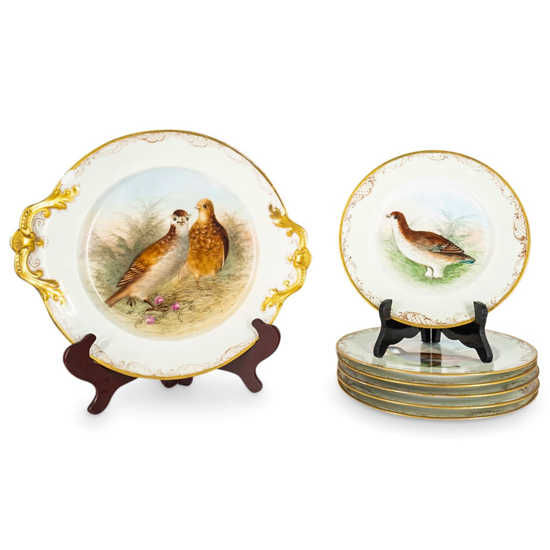 (7 Pc) Antique Tresseman & Vogt Limoges Porcelain Bird Plates & Centerpiece (1 of 5)