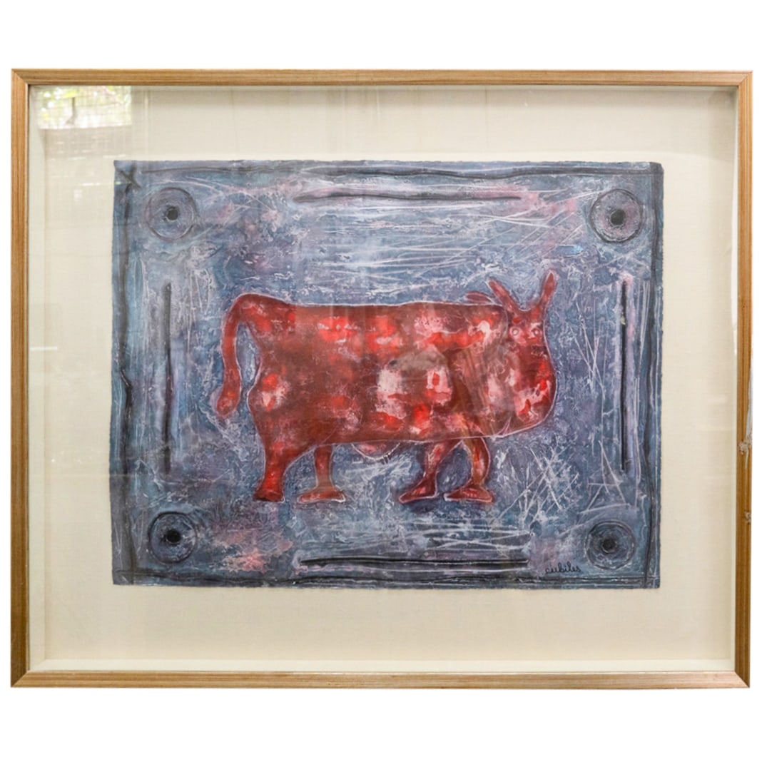 Miguel Cubiles (Cuba, 1937-2005) Mixed Media On Paper: DESCRIPTION: Miguel Cubiles (Cuba, 1937) mixed media painting on paper depicting a red cow. Signed "Cubiles" on the lower bottom right corner. Purchased at auction at SIBI gallery in Miami around 1986