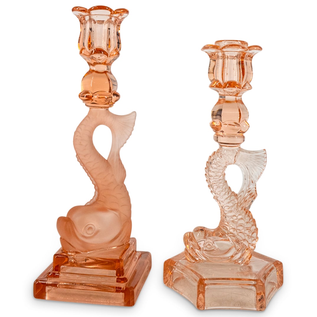 (2 Pc) Rose Pink Depression Glass Dolphin Art Glass Candle Holders (1 of 6)