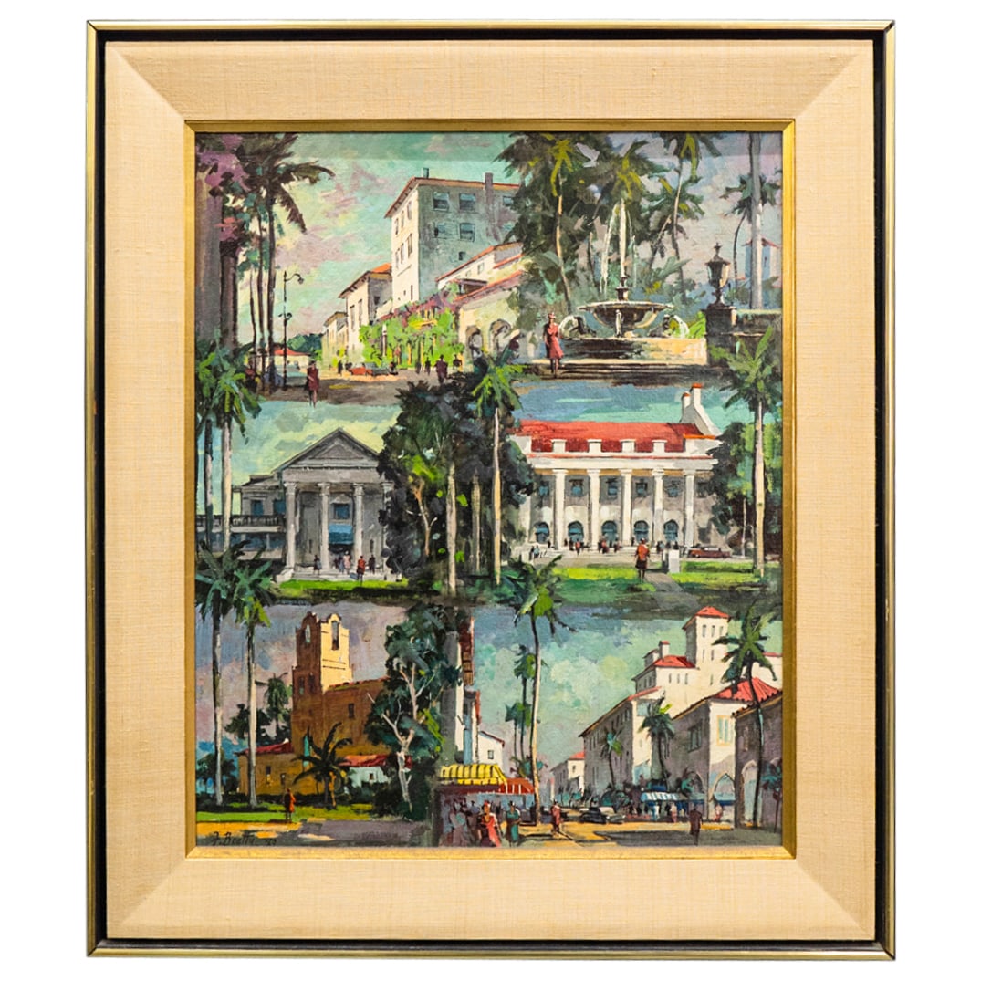 Frank Beatty (1899-1984) South Florida Oil On Board: DESCRIPTION: Oil on board painting by Frank Beatty depicting a montage of various locales in Palm Beach, Florida. Signed at lower left and dated "'69". Mounted in a wooden frame. CIRCA: 1969 ORIGIN: U