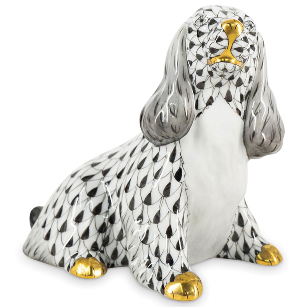 Herend Porcelain "Spaniel Sitting Dog" Black Fishnet Figurine (1 of 3)