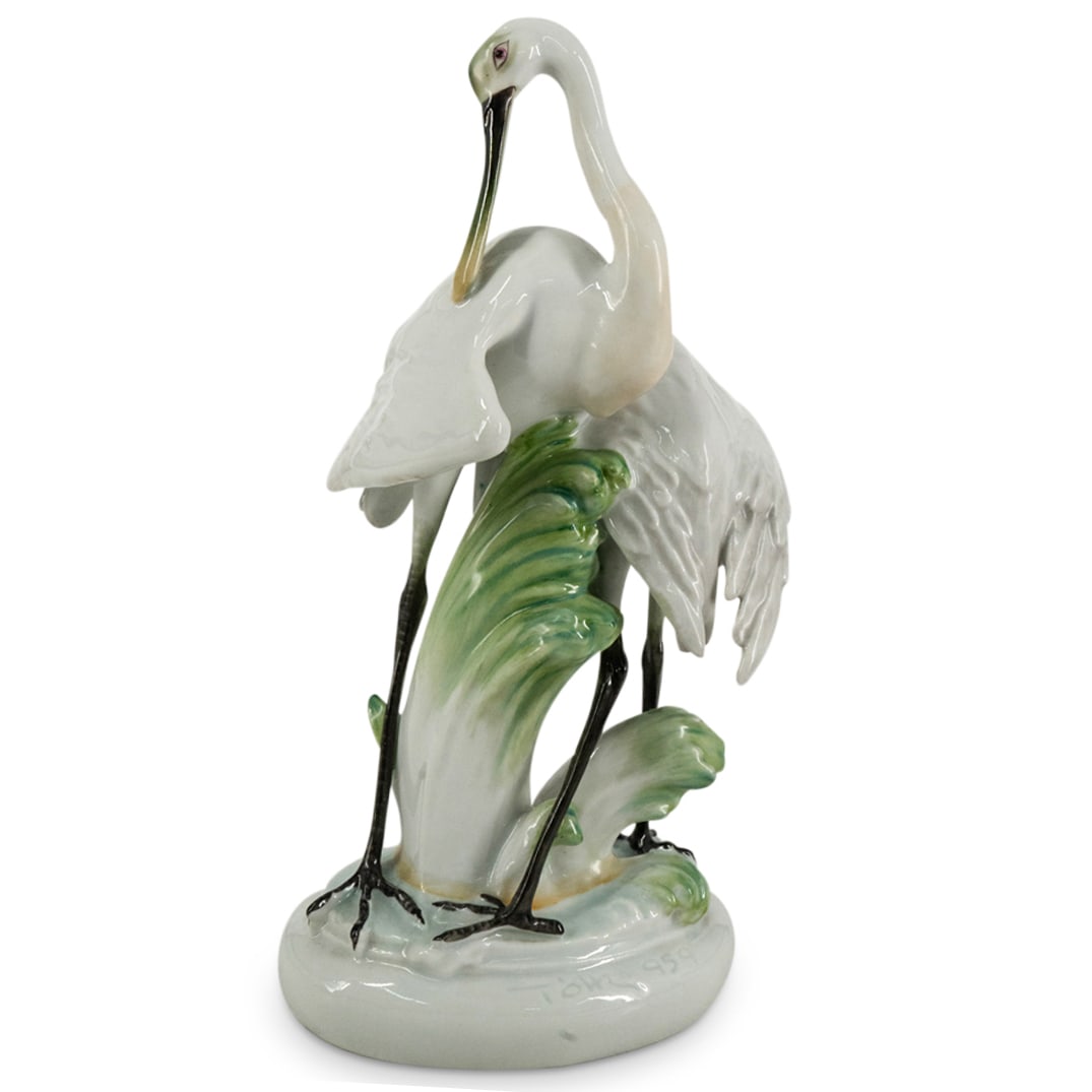 Herend Porcelain "Pair Of Crane Birds" Figurine: DESCRIPTION: Herend Porcelain "Pair Of Crane Birds" Figurine. Model number: #5190. Marked with Herend hallmark on the underside. CIRCA: 20th Century ORIGIN: Hungary DIMENSIONS: H: 9" W: 5" CONDITION: 