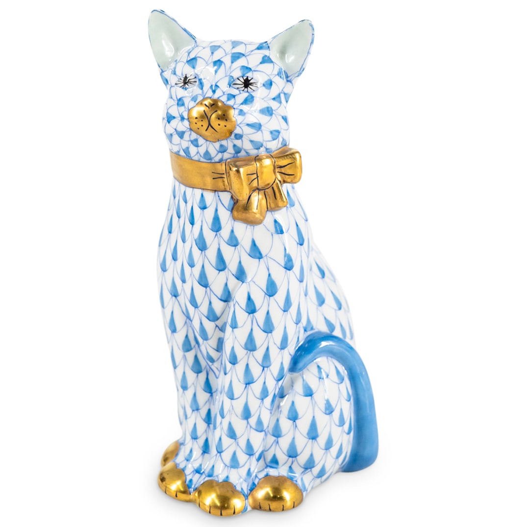 Herend Porcelain "cat With Bow" Blue Figurine Cat With Bow Auction