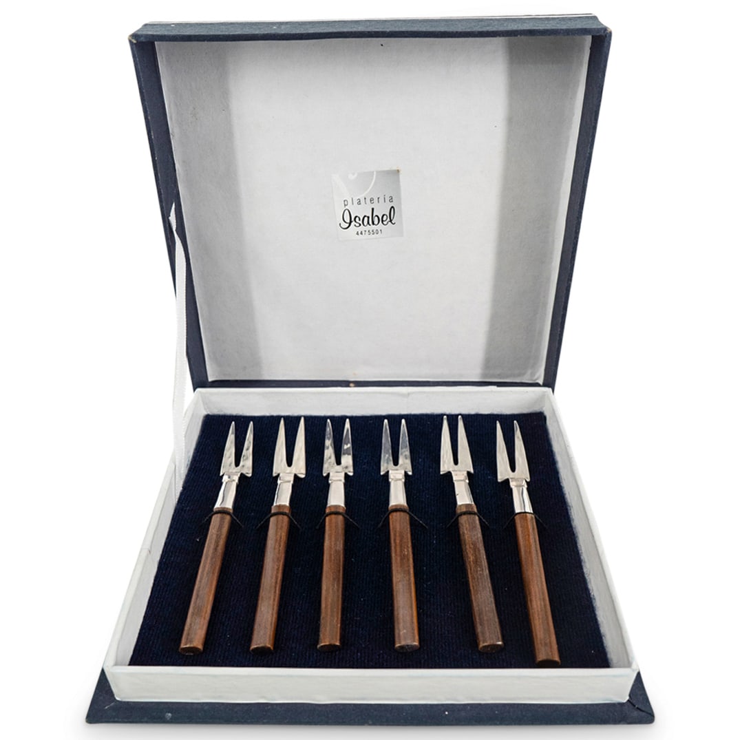 (6 Pc) Sterling Silver Cocktail Forks Set W/ Wooden Handle (1 of 6)