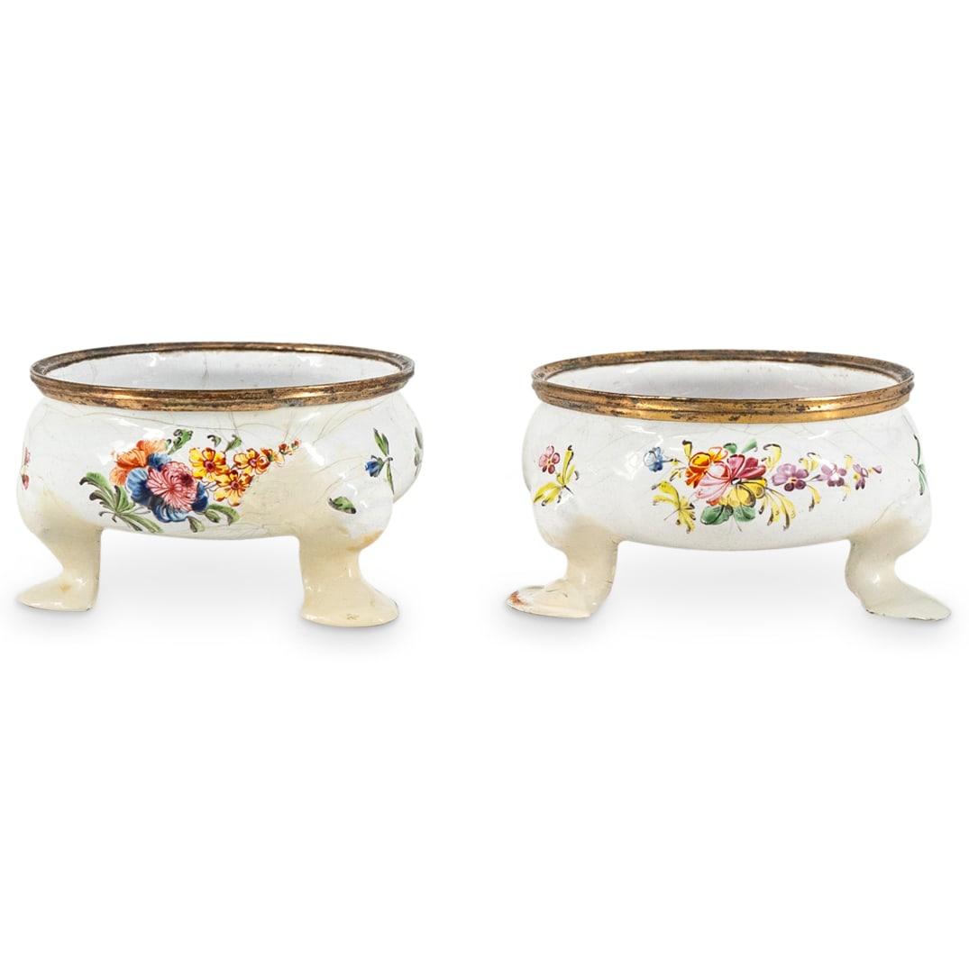 (2 Pc) Antique English Pair Of Enamel Metal Open Salt Cellars (1 of 3)