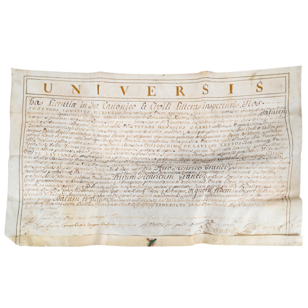 Antique University Baccalauereate Diploma On Vellum: DESCRIPTION: Antique baccalaureate degree diploma inscribed in latin with gilt lettering on certain names/words and accompanied by university wax seal in metal container. CIRCA: Early 19th Century, po