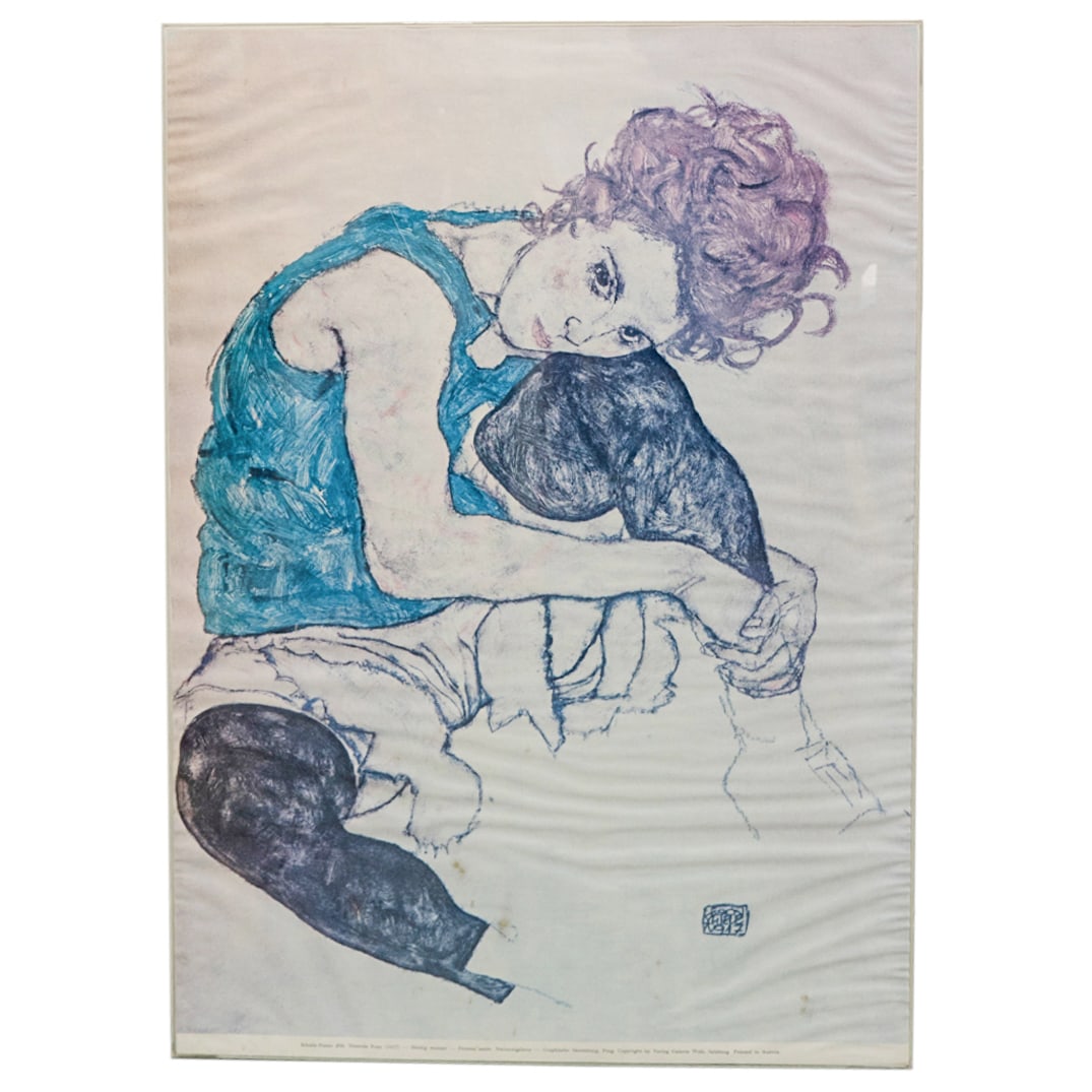 Egon Schiele (1890â€“1918) "Sitting Woman" Exhibition Poster: DESCRIPTION: Exhibition poster for rge Nationalgalerie Graphische Sammlung, featuring "Sitting Woman" by Egon Schiele depicting a woman seated and leaning on her left knee while donning tights, jean s