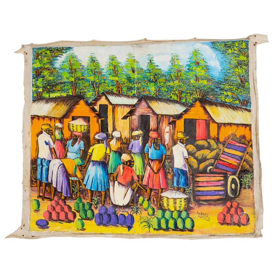 Rodney Meritus Oil On Canvas: DESCRIPTION: Oil on canvas painting by Rodney Meritus depicting figures, produce and buildings. Signed at lower right. CIRCA: Late 20th - Early 21st Century ORIGIN: Haitian DIMENSIONS: (Image) H: 20" 