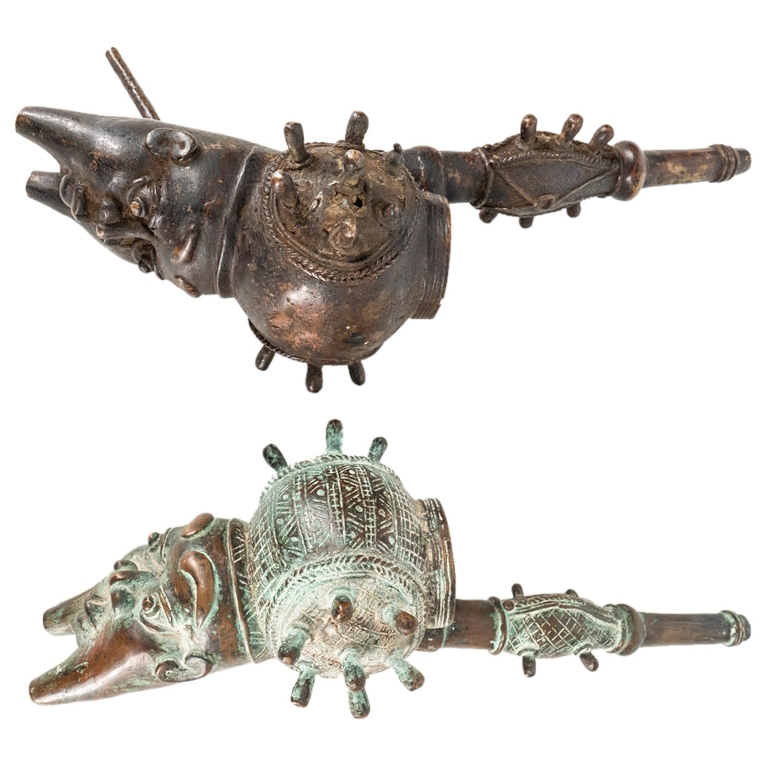 (2 Pc) Antique African Benin Figural Bronze Pipes (1 of 9)