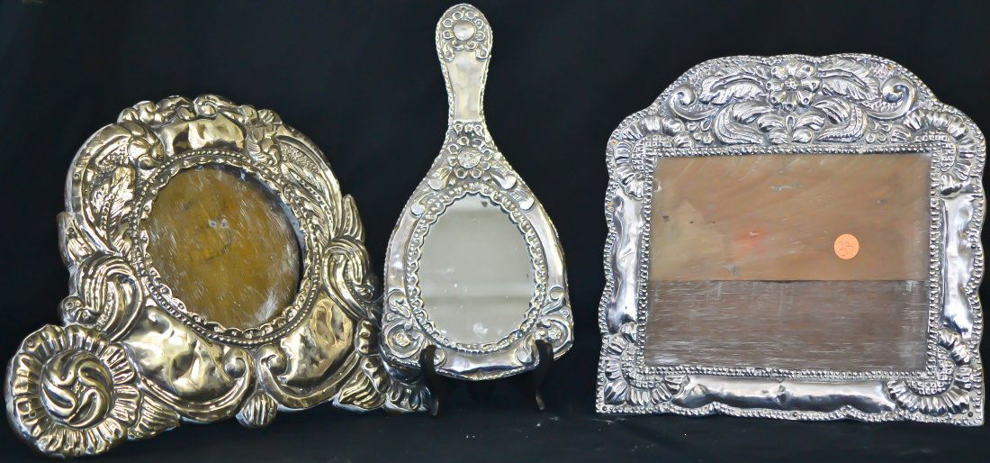 Antique silver 3 piece set mirror and frames: DESCRIPTION: Antique baroque sterling silver over wood 3 piece set mirror and frames. Hallmarked on the front sterlina 925 CIRCA: 19th ct MADE IN: Latin America DIMENSIONS: H:11.5" L:12"